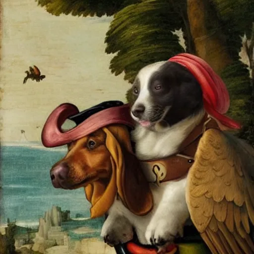 Prompt: a pirate dog with a parrot on it's shoulder, renaissance painting, wide view