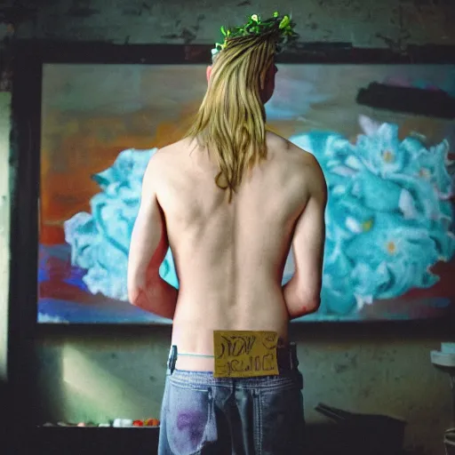 Image similar to kodak portra 4 0 0 photograph of a skinny blonde guy standing in cluttered art studio, back view, flower crown, moody lighting, moody vibe, telephoto, 9 0 s vibe, blurry background, vaporwave colors, faded!,