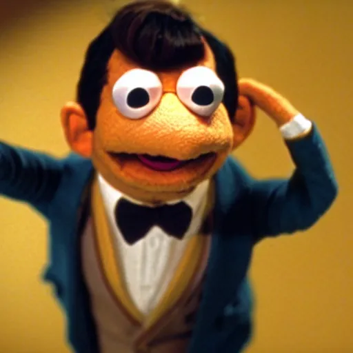 Image similar to mr. bean as a muppet from the muppet show. movie still. cinematic lighting.