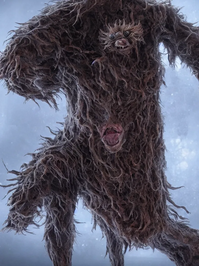 Image similar to standing photorealistic detailed tall skinny humanoid creature with fur, extremly detailed, 8 k, realistic, sharp focus, cosmic horror creature, cosmic horror, from the movie the thing