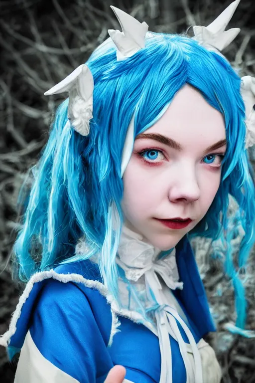 Prompt: Cosplay photography of Anya Taylor Joy as Cirno from Touhou