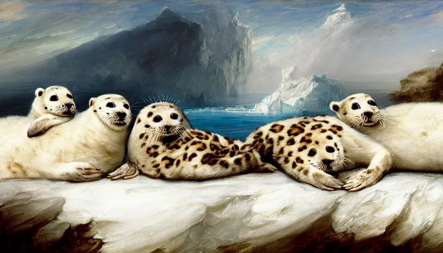 Image similar to highly detailed painting of cute furry white baby seal leopards cuddling into each other on a blue and white iceberg by william turner, by greg rutkowski, by william constable, thick brush strokes and visible paint layers, 4 k resolution