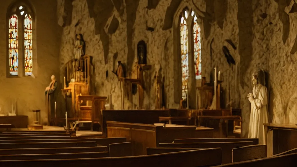 Image similar to the strange creature in church, made of wax and water, film still from the movie directed by Denis Villeneuve with art direction by Salvador Dalí, middle balanced, wide lens