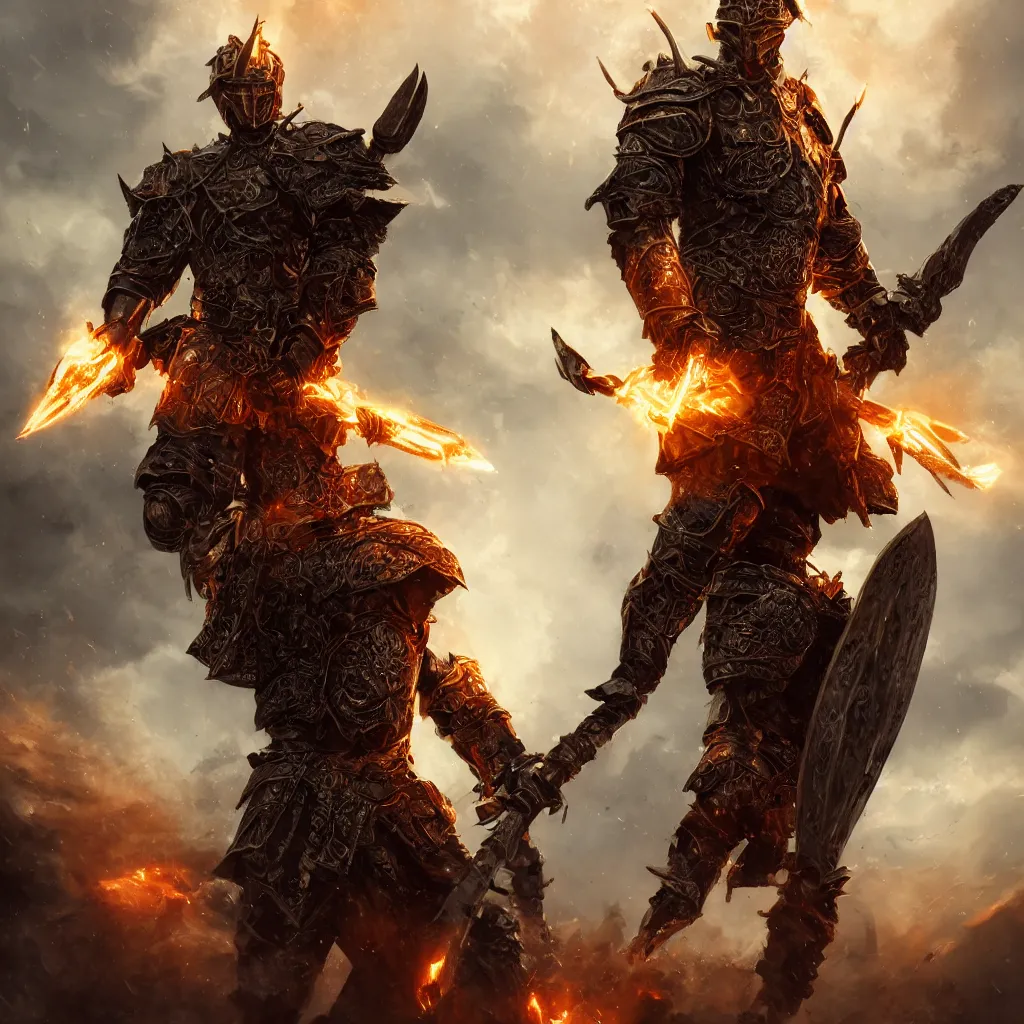 Prompt: photo full-body-portrait of brutal Warrior, wearing intricate steel armor, sharp focus, holding magical fiery battle-axe, magical aura, heroic pose, fantasy style, octane render, volumetric lighting, 8k high definition, by greg rutkowski, highly detailed, trending on ArtStation, magical Battlefield background, centered