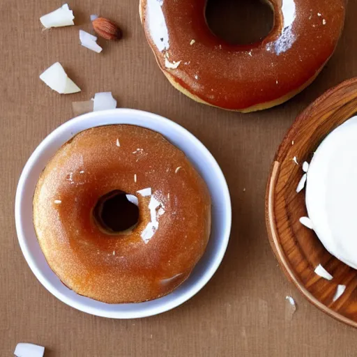 Prompt: donut glazed with white chocolate, almonds and coconut shavings, with a cup of tea