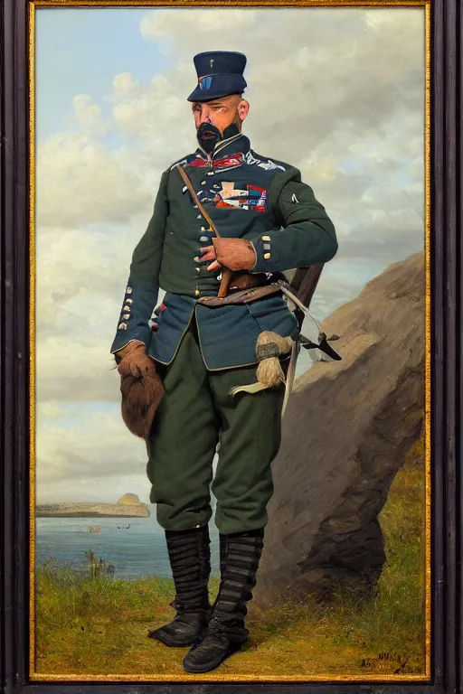 Prompt: portrait minnesota timberwolves military, full battle ready, 1 8 8 9, in full military garb, midnight blue, aurora green, lake blue, moonlight grey, oil on canvas by william sidney mount, trending on artstation