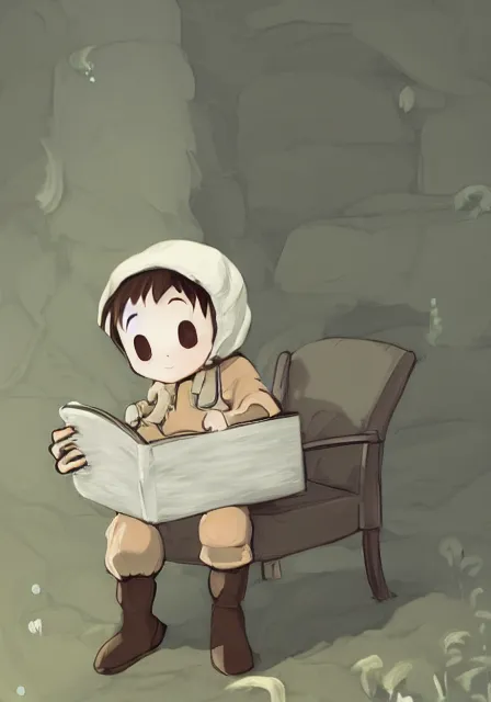 Image similar to beautiful little boy wearing sheep suit reading a book while sitting on chair, gray, blue, green and brown pallet color. made in abyss art style, inspired in kris from deltarrune, cute detailed artwork, anatomically correct, soft details, ilya kuvshinov, reflection, perfect composition, mobile wallpaper