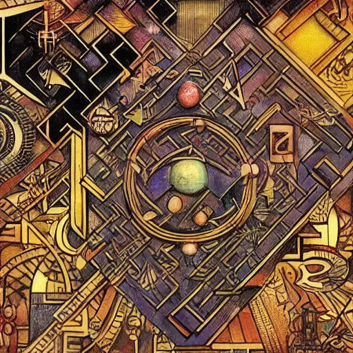 Prompt: amazing maze labyrinth steampunk style by albert gleizes and by hilma klint, hd, artstation, alive colors