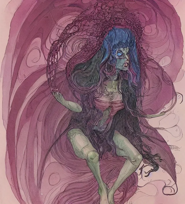 Image similar to a watercolor ink painting of the primordial eldritch goddess of fear and insanity in her natural domain in the style of jean giraud in the style of moebius trending on artstation deviantart pinterest detailed realistic hd 8 k high resolution