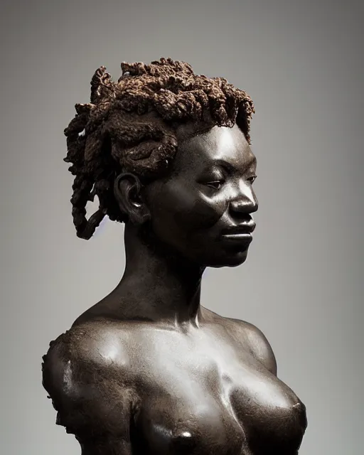 Prompt: a full figure rubber sculpture of a beautiful african warrior woman, head of a lion, by Michelangelo, dramatic lighting, wide angle lens