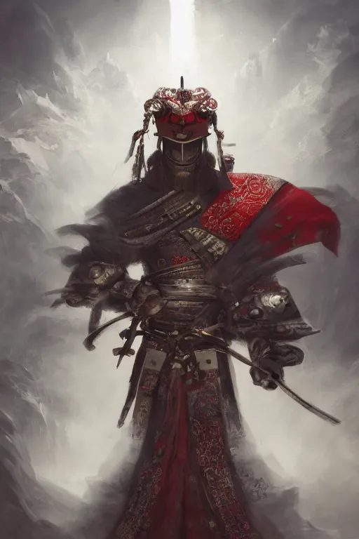 Image similar to a photographic portrait of a powerful samurai cloaked in white, carrying swords on his back, standing under a beam of light, a dark cave, ruby red sorrow, intricate, elegant, highly detailed, ornate, beautifully lit, ray traced, octane render, in the style of Peter Mohrbacher and Peter Gric