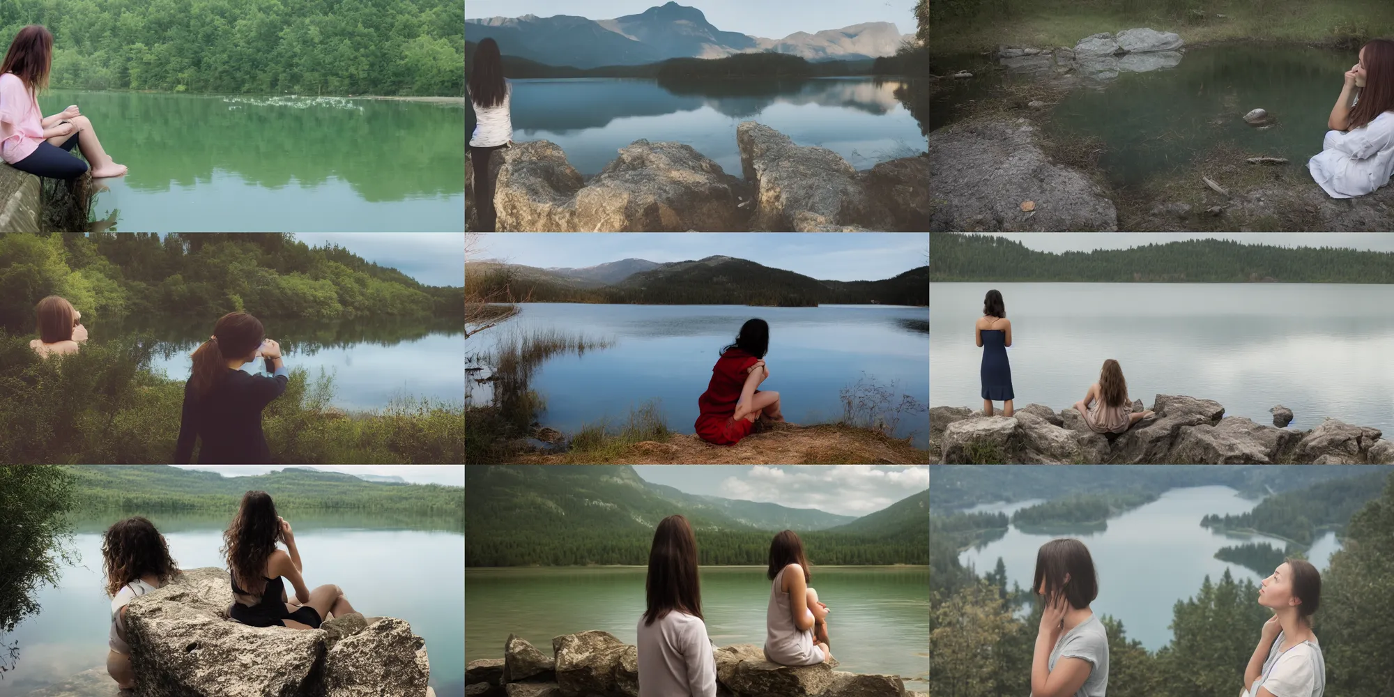 Prompt: a young woman staring into a lake seeing her aged reflection