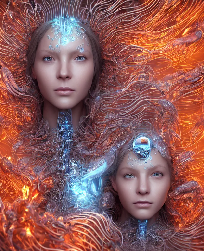 Image similar to close-up macro portrait of the face of a beautiful princess, epic angle and pose, symmetrical artwork, 3d with depth of field, blurred background, cybernetic jellyfish female face skull phoenix bird, translucent, nautilus, energy flows of water and fire. a highly detailed epic cinematic concept art CG render. made in Maya, Blender and Photoshop, octane render, excellent composition, cinematic dystopian brutalist atmosphere, dynamic dramatic cinematic lighting, aesthetic, very inspirational, arthouse. y Greg Rutkowski, Ilya Kuvshinov, WLOP, Stanley Artgerm Lau, Ruan Jia and Fenghua Zhong