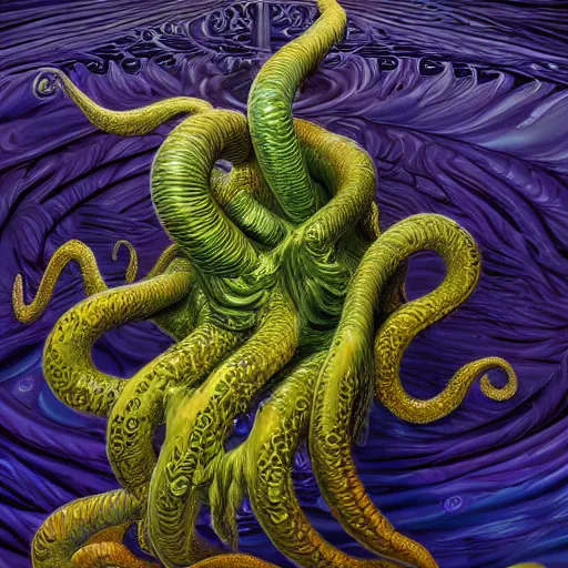 Image similar to photorealistic swirling abstract rendition of cthulu by michael whelan. hyperdetailed photorealism, 1 0 8 megapixels, amazing depth, glowing rich colors, powerful imagery, psychedelic overtones, 3 d finalrender, 3 d shading, cinematic lighting, artstation concept art