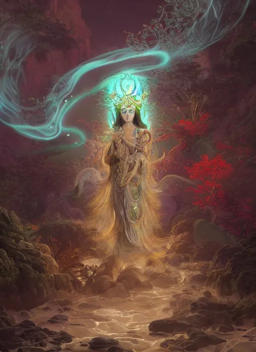 Prompt: Gigantic Stone Deity with a halo made of fluorescent mushrooms and antlers, flowing robes and peacock feathers, extremly detailed digital painting, in the style of Fenghua Zhong and Ruan Jia and jeremy lipking and Peter Mohrbacher, mystical colors, rim light, beautiful lighting, 8k, stunning scene, raytracing, octane, trending on artstation
