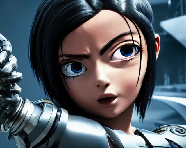 Image similar to battle angel alita, mouth open, 3 5 mm, photorealistic, lifelike, octane engine, cinematic lighting, high detail, high resolution