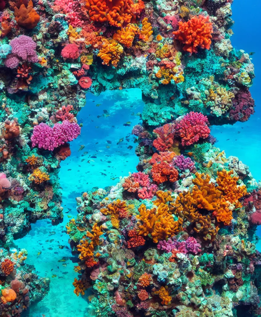 Image similar to a colorful coral reef in the ocean where the lost city of atlantis resides