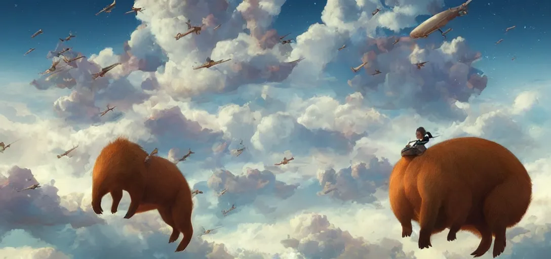 Prompt: A beautiful digital fantasy painting of giant floating capybaras migrating across the sky, trending on artstation, by Stanley Artgerm Lau, WLOP, Rossdraws, James Jean, Andrei Riabovitchev, Marc Simonetti, and Greg Rutkowski