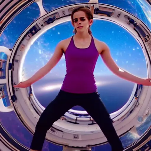 Image similar to emma watson as yoga instructor in space, cinematic shot, magical colors and atmosphere, perfect composition, coherent, super realistic, professional 8 k