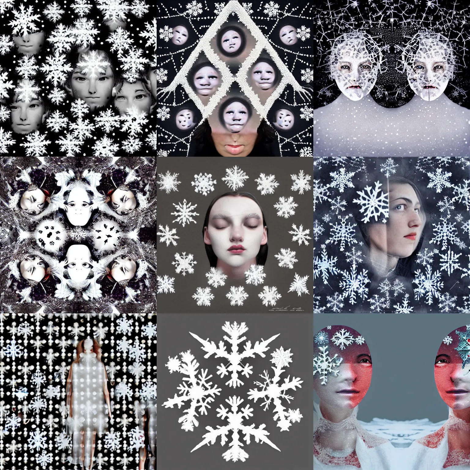 Prompt: surrealist silk snowflakes with human faces in the middle surreal photography