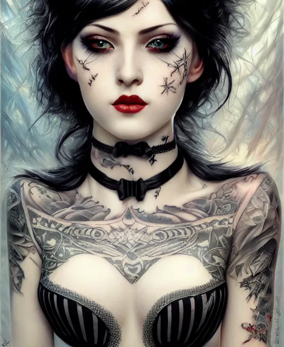 Image similar to two beautiful pale skin cosplay girls, gray eyes, black hair, fully tattooed body, fishnet corset with choker, symmetrical, beautiful detailed face, masterpiece, paint by karol bak