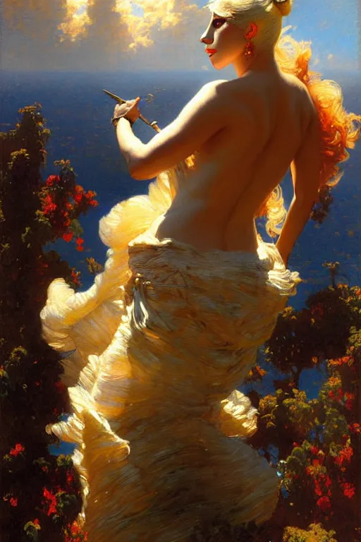 Image similar to lady gaga painting sky, painting by gaston bussiere, craig mullins, j. c. leyendecker