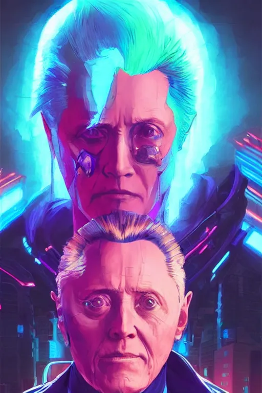 Image similar to a cyberpunk christopher walken with blue hair, neon colors, concept art by artgerm and greg rutkowski and caravaggio and moebius