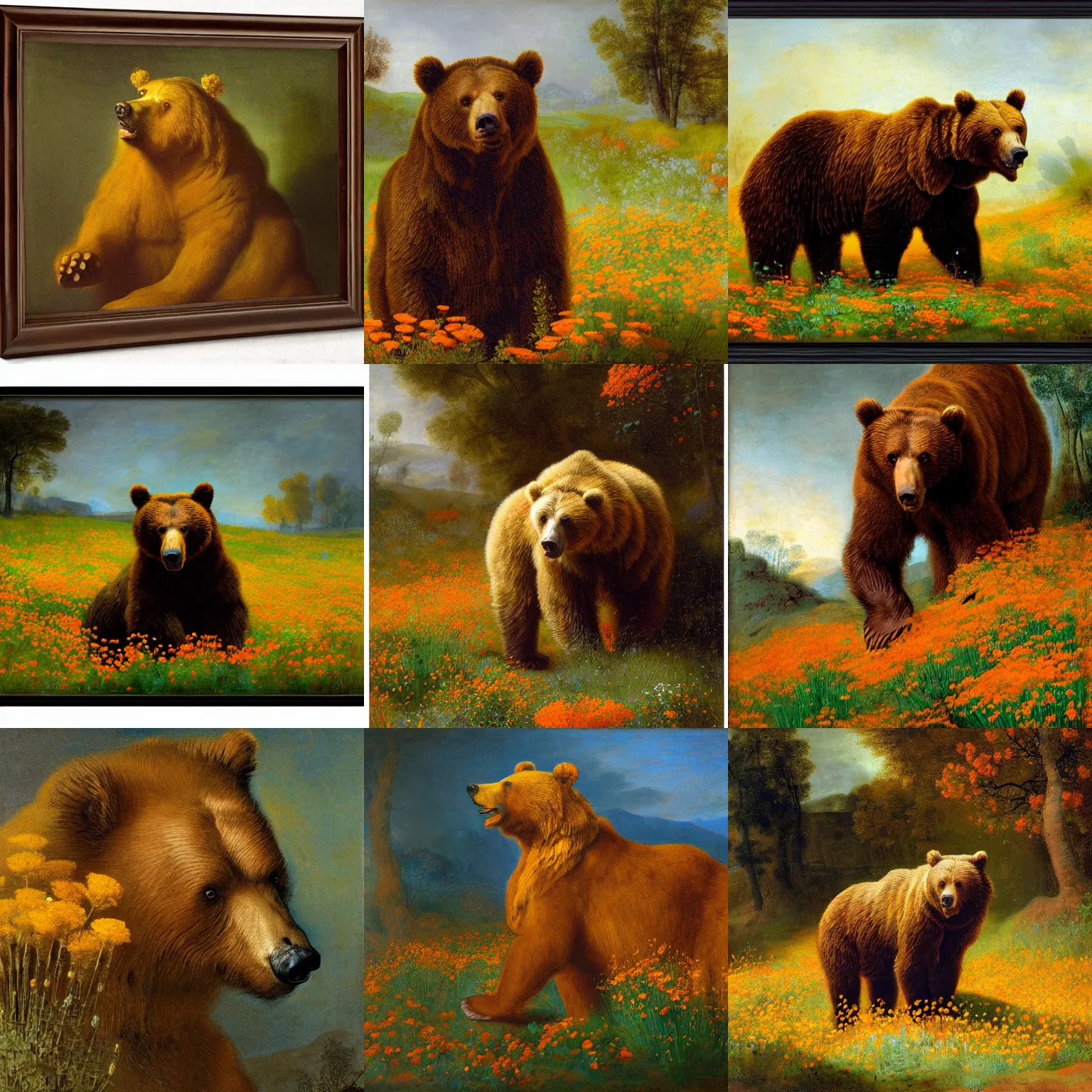 Prompt: a brown bear surrounded by california poppies by Rembrandt