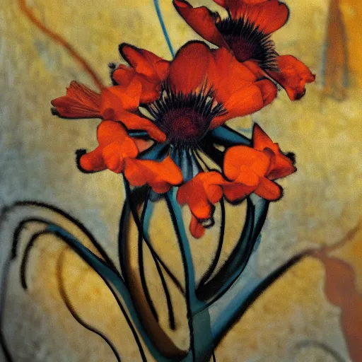 Image similar to The experimental art is a beautiful and haunting work of art of a series of images that capture the delicate beauty of a flower in the process of decaying. The colors are muted and the overall effect is one of great sadness. warm light by Karl Schmidt-Rottluff, by Olivier Bonhomme, by Rodney Matthews organic