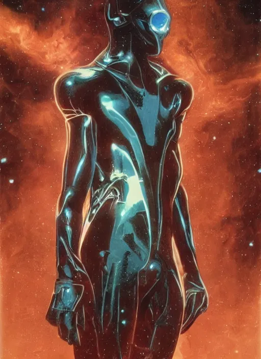 Image similar to astronauts in dark and empty void underwater - complex and hyperdetailed suit. reflection and dispersion materials. rays and dispersion of light. volumetric light. 5 0 mm, f / 3 2. noise film photo. flash photography. ultra realistic, wide angle. poster by wayne barlowe, hajime sorayama aaron horkey, craig mullins. dark key.