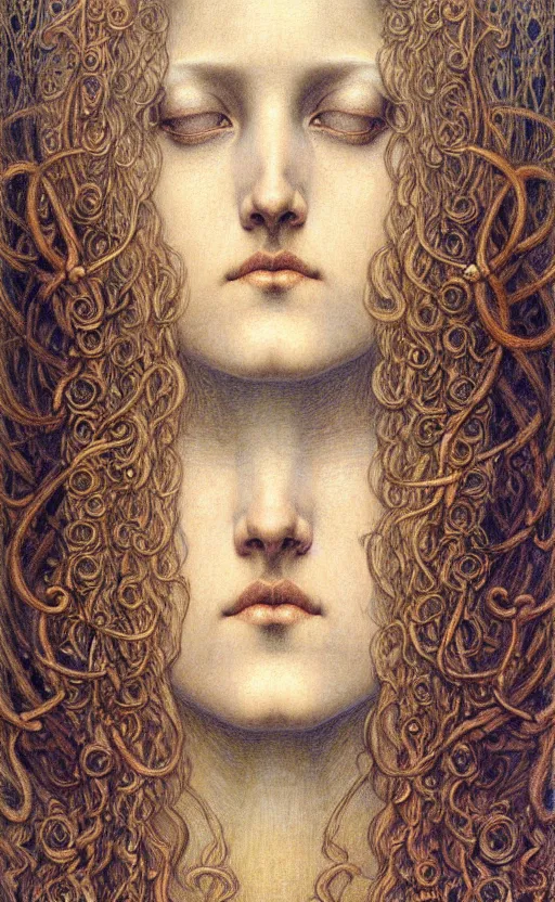 Image similar to detailed realistic beautiful young medieval queen face portrait by jean delville, gustave dore and marco mazzoni, art nouveau, symbolist, visionary, gothic, pre - raphaelite. horizontal symmetry