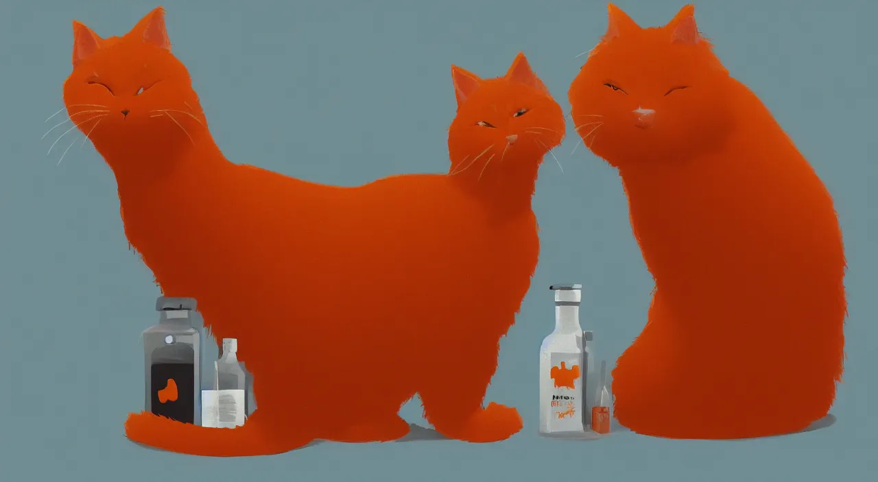 Prompt: a fluffy orange cat standing next to a bottle of medicine. animal. digital art. trending artstation. illustration. the bottle was standing next to a table,