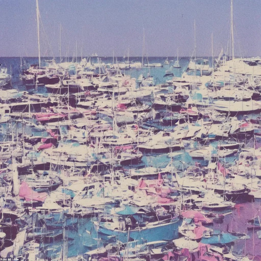 Prompt: a pastel colour high fidelity wide angle polaroid art photo from a holiday album at a seaside with sail boats, nostalgic