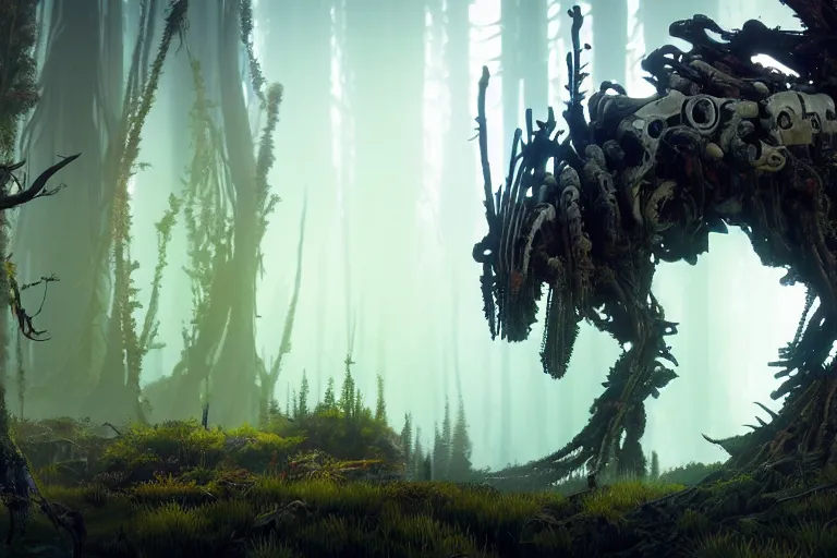 Prompt: wide epic shot from horizon forbidden west. a hyper detailed organic mechanic creatuve realistic similar look as horizon forbidden west horizon zero dawn, bioluminiscence in a dark deep forest at dawn in spring, with reflection and textures, by kilian eng, substance painter reaslitic mech surface metal painted scratches, world env from horizon forbidden west horizon zero dawn