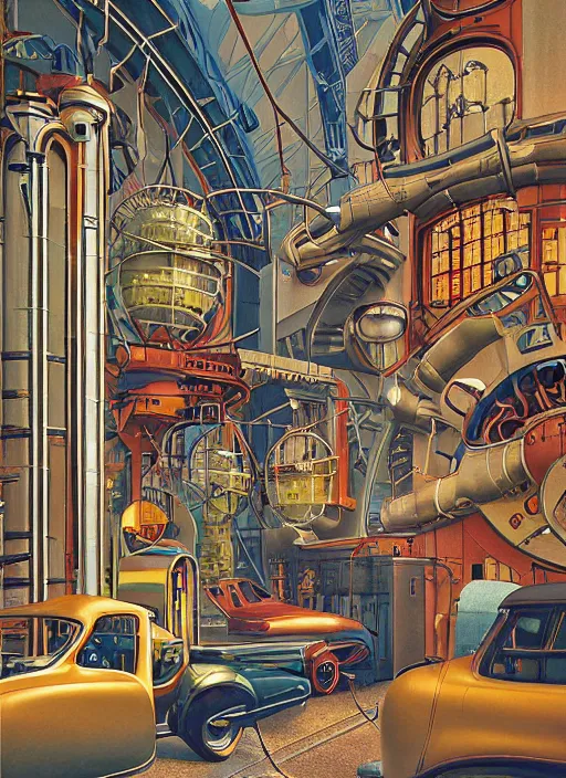 Image similar to photorealistic image of a retro futuristic industrial urban life, art nouveau, by chris moore