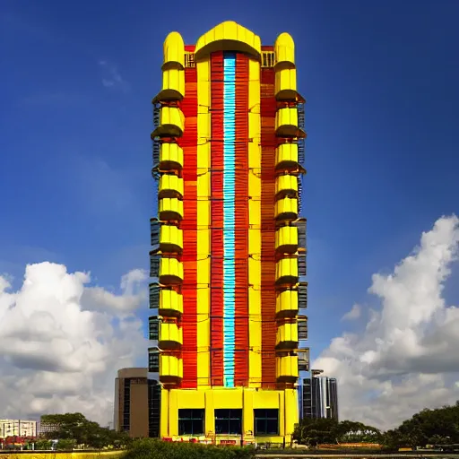 Prompt: red - yellow - blue building, skyscraper shaped like rocket ship, aquamarine windows, megatall building, colorful building, cel - shading, cel - shaded