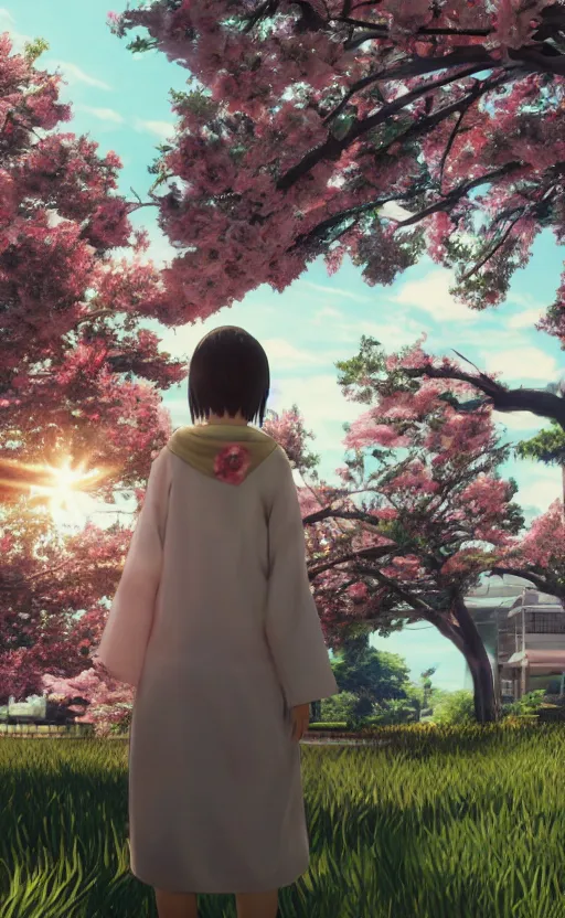 Image similar to anime style, gta 5, panoramic centered view of girl, girl in center, yukata clothing, sakura tree in background, short hair, hair down, symmetrical facial features, from arknights, hyper realistic, extreme detail, volumetric lights, 4 k drawing, safebooru, realistic lighting, by alphonse mucha, greg rutkowski, sharp focus, backlit