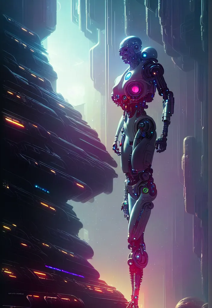 Image similar to ultra realistic, cyborg in a space metropolis, sci-fi, cyberpunk, concept art, intricate details, eerie, highly detailed, octane render, 8k, , art by artgerm and greg rutkowski and alphonse mucha