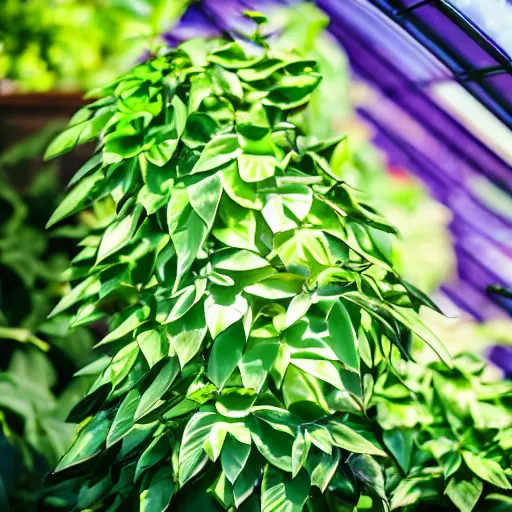Prompt: wide shot several green and violet poisonous spiked vines with edgy leaves, grow from a pot, on wooden table in the ray of sunshine in greenhouse, sharp focus, high detailed, calm, warm lighting, by Rutkowsky