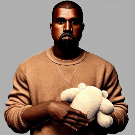 Prompt: 3d render of Kanye West holding a light-brown teddy bear in his arms, highly detailed, HD, 4k, 8k, Canon 300mm, professional, 40mp