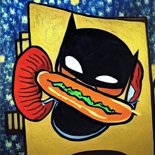 Prompt: batman eating a hotdog painted by van gogh