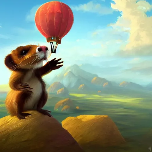 Image similar to a ferret standing on top of a rock in front of a hot air balloon, a digital painting by andrei kolkoutine, deviantart contest winner, fantasy art, storybook illustration, 2 d game art, digital illustration