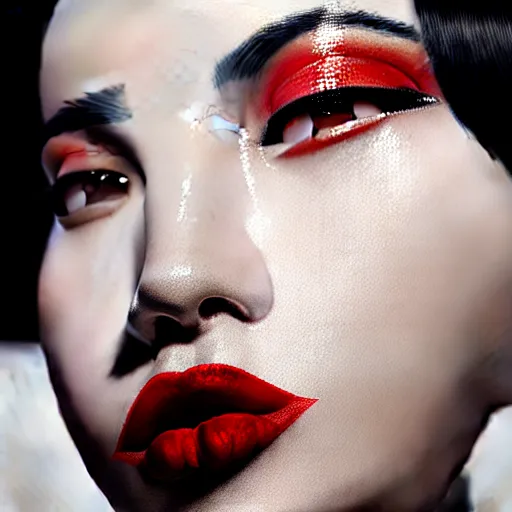 Image similar to photo of a woman with black hair and a red lipstick, a photorealistic painting by wang duo, beauty campaign, photoshoot, featured on cg society, photorealism, behance hd, ultrafine detail, high detail,