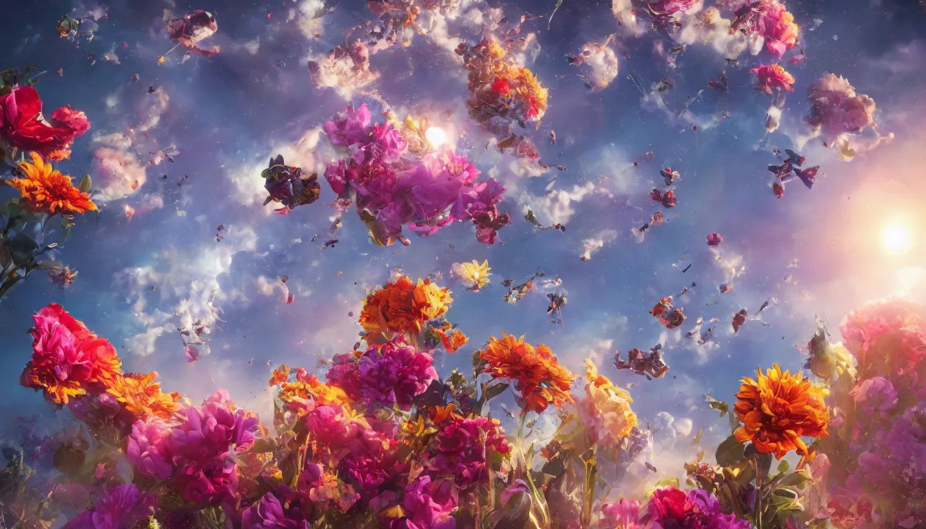 Image similar to An epic fantastic realism comic book style painting of the most beautiful flowers launched into space, bouquets, fisheye lens, unreal 5, DAZ, hyperrealistic, octane render, dynamic lighting