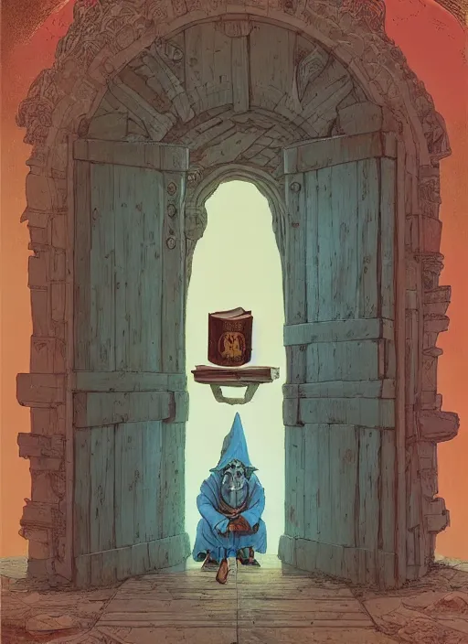 Image similar to an old wizard in robes holding a book standing in front of an elaborate ancient wooden door, beautiful colourful fantasy rendering, William Stout, Simon Stälenhag, ilm, beeple, N.C. Wyeth