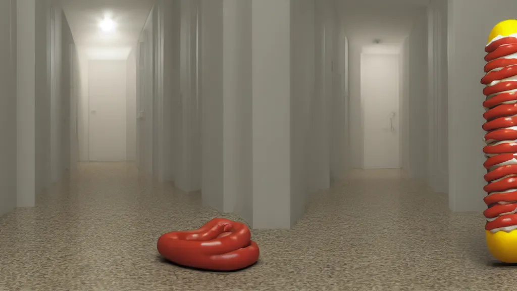 Image similar to 3d render of a hotdog floating ominously in a hallway