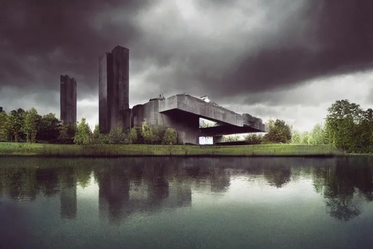 Image similar to an brutalist spaceship forming from a lake surrounded by trees, serene vast landscape, neon lights, rainy day, beautiful lighting, high depth, ultra realistic, artistic, by annie leibovitz