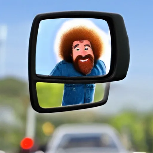 Image similar to a tiny screaming bob ross chasing you in rear view mirror