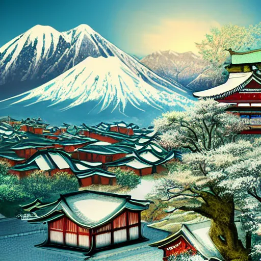 Image similar to photo realistic landscape of a Japanese village in the mountains, snow peaks. Dragon flying by