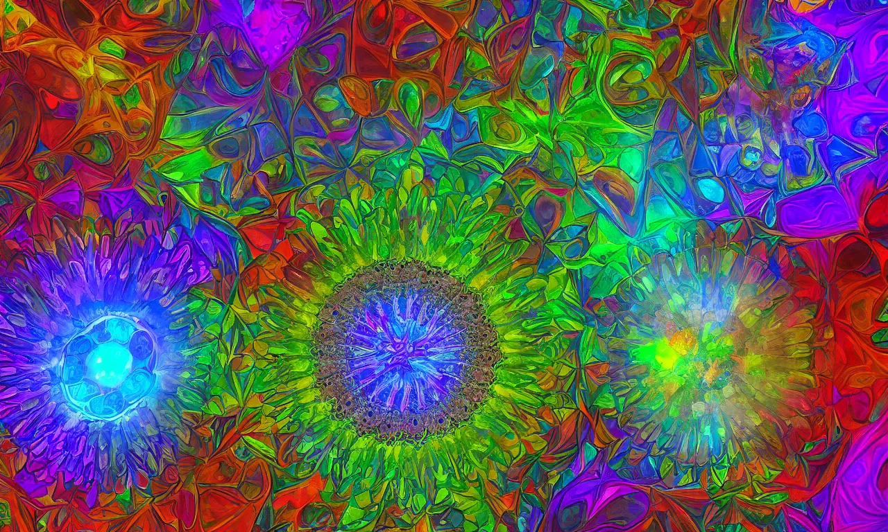 Image similar to acrylics blob voronoi engine laboratory 3 d volume kaleidoscope mandala fractal chakra digital multicolor stylized concept substance liquid nebula stone, a spectacular view cinematic rays of sunlight comic book illustration, by john kirby radiating a glowing aura global illumination ray tracing hdr depth fog overlay multiply photoshop layer